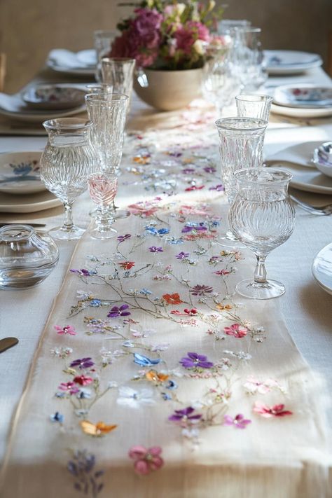 Floral-embroidered table runner with crystal glassware. Unleash your inner florist with wild and whimsical floral wedding ideas that will make your special day bloom like never before. Whimsical Floral Wedding, Floral Wedding Ideas, Floral Wedding Decor, Wildflower Wedding Theme, Ivory Lace Wedding Dress, Floral Wedding Cake, Floral Wedding Decorations, Wedding Tablecloths, Wedding Decor Ideas