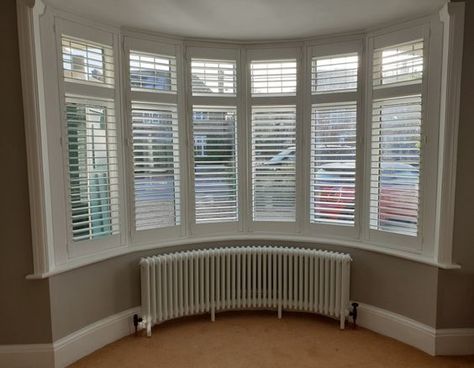 Circular Bay Window Ideas, Wooden Shutters Bay Window, Curved Radiator Bay Window, 1930s Bay Window, Curved Window Blinds, Blinds For Curved Windows, Bay Window With Radiator Ideas, Bay Window Radiator Ideas, Blinds In Bay Window