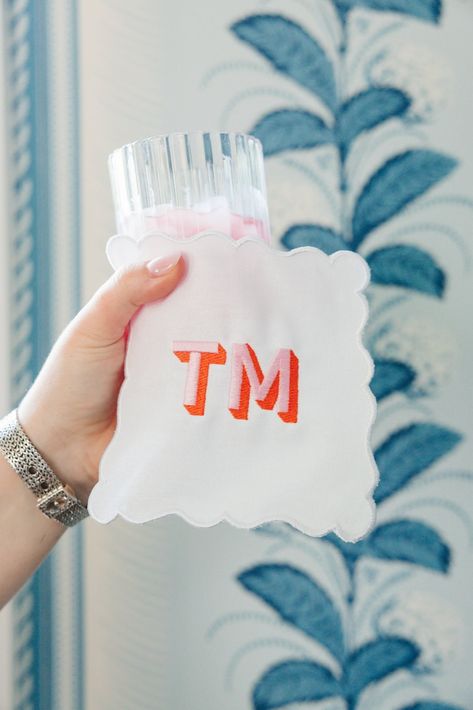 Get the party started with these Scalloped Cocktail Napkins! Choose your favorite monogram and thread colors and let the celebrations begin. These napkins also make for great gifts especially for the host or hostess in your life. Cheers to a fun and personalized party!     Details: - White linen cocktail napkins - Set of 4 napkins with 1 monogram - Napkins measure 6" x 6" - Delicate wash and air dry - Enter embroidery colors in the personalization box- If no colors are picked, we will pick for y White Linen Cocktail, Embroidery Napkins, Birthday Goodie Bags, Linen Cocktail Napkins, Monogrammed Napkins, Happy Everything, Name Patches, Embroidered Monogram, The Host