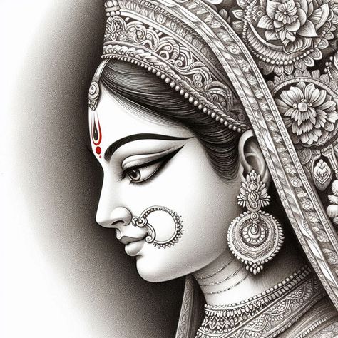 Durga Painting Pencil Sketch, Drawing Of Maa Durga, Durga Maa Pictures Drawing, Maa Durga Drawing Sketch, Durga Maa Sketch, Durga Drawing Art, Navaratri Images, Durga Drawing, Arabian Mehndi Design