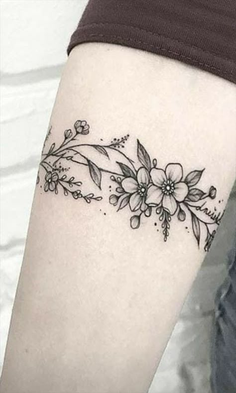 Floral Ankle Band Tattoo, Thigh Band Tattoos Women Unique, Floral Arm Band Tattoo, Flower Garter Tattoo, Flower Arm Band Tattoo, Thigh Band Tattoo Women, Flower Band Tattoo Design, Floral Band Tattoo, Band Tattoo For Women