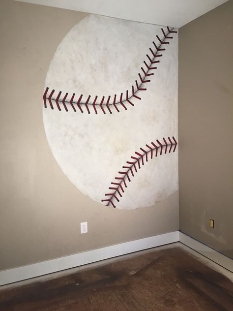 Baseball mural Baseball Mural, Baseball Themed Bedroom, Baseball Theme Room, Baseball Room Decor, Baseball Bedroom, Baseball Nursery, Baseball Wallpaper, Sport Bedroom, Baseball Room