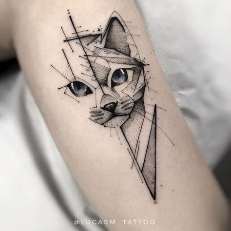 Geometric Cat Tattoo, Cat Face Tattoos, Kitty Tattoos, Black Cat Tattoos, Geometric Cat, Cat Tattoo Designs, Line Tattoos, Couple Tattoos, Mini Tattoos