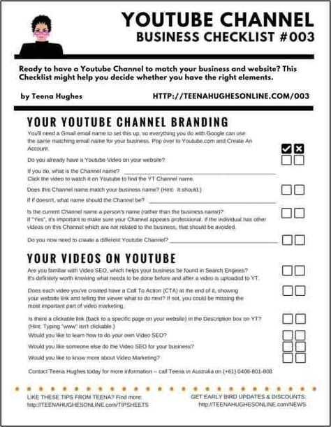 Youtube Channel Business Checklist 003 | Teena Hughes Online Youtube Video Checklist, Youtube Business Plan, Start A Youtube Channel Checklist, Youtube Channel Checklist, Youtube Checklist, Youtube Essentials, Megan Moore, Empire Building, Social Media Checklist