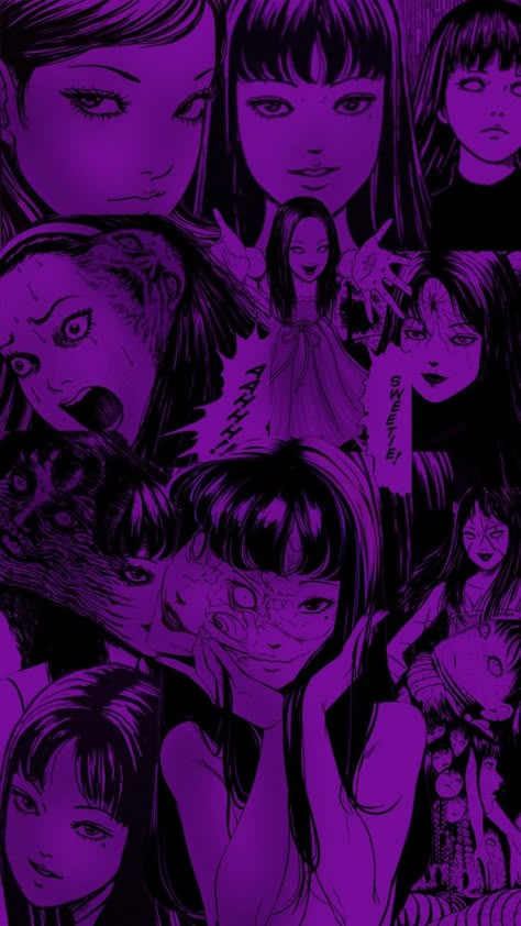 Tomie Purple Aesthetic, Junji Ito Wallpaper Purple, Purple Horror Wallpaper, Junji Ito Purple, Dark Purple And Black Wallpaper, Pink Horror Wallpaper, Tomie Wallpapers, Dark Purple Widget, Very Cool Wallpapers