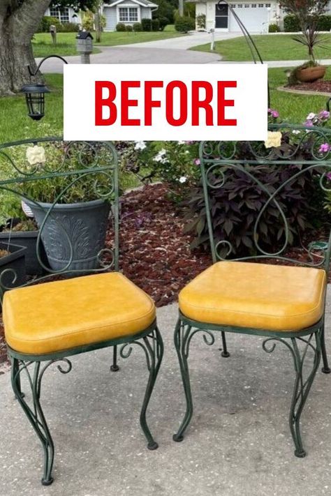 Wrought Iron Chairs Makeover, Reupholster Patio Chairs, Wrought Iron Chairs Outdoor, Wrought Iron Outdoor Furniture Makeover, Wrought Iron Patio Furniture Makeover, Metal Chair Makeover, Metal Kitchen Chairs, Patio Chairs Makeover, Painted Metal Chairs