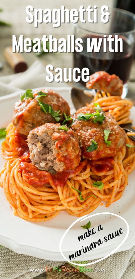 A spaghetti and meatballs with sauce recipe ideas to create from home with marinara tomato sauce and ground beef or minced meat for meat balls, homemade and easy and quick meal for the family or just two. Spagetti And Meatball Recipe, Meatballs With Sauce, Meatballs In Sauce, Ground Beef Meatballs, Spaghetti With Ground Beef, Easy Marinara Sauce, Spaghetti Meatballs, Meals Dinner, Meatball Sauce