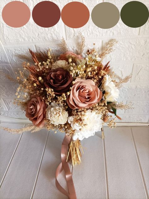 Desert Rose And Gold Wedding, Cinnamon Rose Fall Wedding, Desert Rose Fall Wedding, English Rose Wedding Theme, Desert Rose Wedding Bouquet, Rustic Wedding Theme Colors Colour Palettes, Fall Wedding Colors With Pink, Terracotta Pink Wedding, Dusty Rose And Tan Wedding