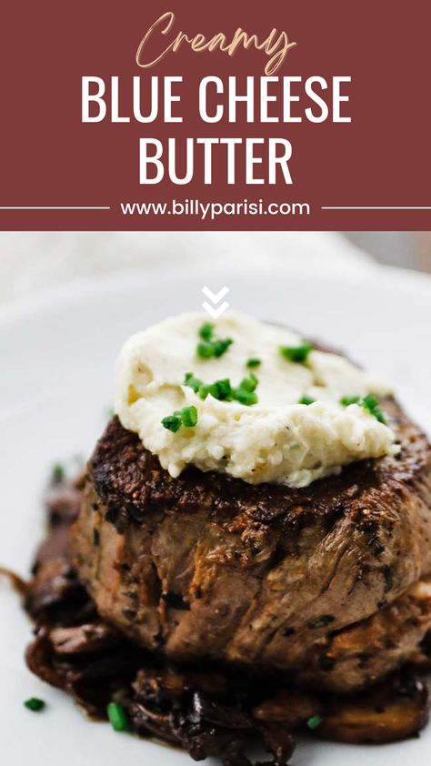 This creamy blue cheese butter is a simple recipe of softened butter, softened blue cheese crumbles, a hint of lemon juice, and salt and pepper. It is the perfect creamy topping for your favorite steak dish. You are going to love the big, bold blue cheese flavors in this butter. Blue Cheese Butter, Blue Cheese Crumbles, Whiskey Sauce, Billy Parisi, Filet Mignon Recipes, Bread Sauce, Steak Dishes, Cheese Butter, Truffle Butter