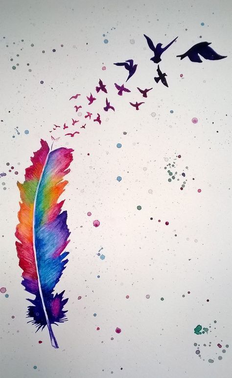 Rainbow feather with birds flying away | August 2014 Samantha Burnett Tatoo Dog, Feather Drawing, Feather Tattoo Design, Feather Crafts, Feather Art, Feather Tattoos, Bird Drawings, Birds Flying, Birds Painting