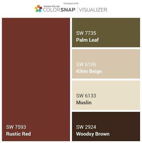 Rustic Red is one of our Favorite Colors from Sherwin Williams!  We love the way Palm Leaf contrasts with it while Muslim and Woodsy Brown compliment and pull it all together!  This color palette would look great on your home’s interior or exterior!  Want help with finding the perfect color palette for your home?  Any project over $1,000 receives a complimentary meeting with a Sherwin Williams Color Consultant to help you choose the perfect colors for your painting project! Rustic Paint Colors Schemes Sherwin Williams, Palm Leaf Paint Sherwin Williams, Paint Colors That Match Cherry Wood, Maroon Exterior House Paint, Brown House Accent Colors Exterior, Rustic Red House Exterior, Red Brown House Exterior, Rustic Red Living Room, Brown House Color Scheme Exterior