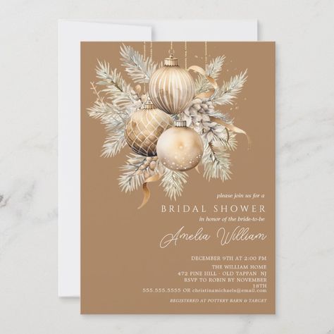 Gold Christmas Ornament Bridal Shower Invitation Zazzle Holiday Bridal Shower Invitations, Watercolor Ornaments, Gold Christmas Ornaments, Baubles Christmas, Modern Christmas Tree, Ornament Exchange, Pine Branches, Christmas Party Invitation, White Ornaments