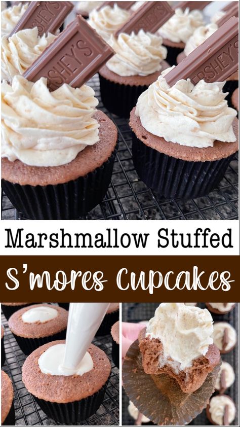 Marshmallow Fluff Cupcakes, Graham Cracker Frosting, Marshmallow Stuffed Cupcakes, S’mores Cupcakes With Marshmallow Frosting, Smores Cupcakes Box Cake, Marshmallow Cupcake Filling, Smore Cupcakes Easy, Smores Cupcakes Recipe, Campfire S’mores Cupcakes