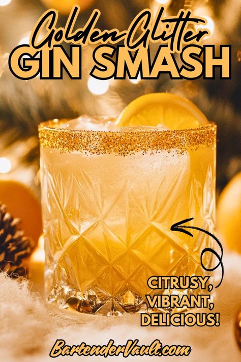 Finding elegant New Year's Eve Cocktails that bring a touch of sparkle and sophistication to your New Year's Eve Party can be a challenge. This Golden Glitter Gin Smash combines vibrant citrus flavors with a shimmering finish, making it a standout gin cocktail recipe your guests will love. Save this pin now to explore more dazzling New Year's Cocktails that will elevate your celebration and make your midnight toast unforgettable! 🥂✨ Gold Leaf Cocktail, Hockey Themed Cocktails, New Year’s Eve Cocktails Recipes, Flicker In The Dark Book, Gatsby Cocktails, Flicker In The Dark, Glitter Cocktails, Golden Drink, Golden Cocktail