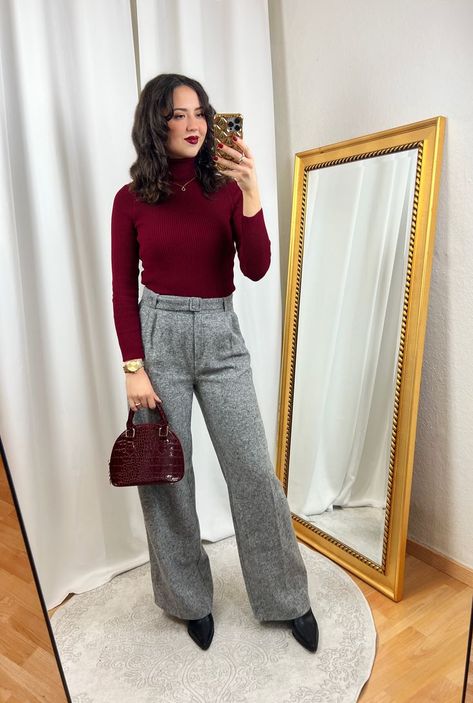 Dark Red Turtleneck Outfit with Gray Wide Pants Red Pullover Outfit, Dark Red Turtleneck, Grey Trousers Outfit Women, Red Turtleneck Outfit, Burgundy Sweater Outfit, Burgundy Pants Outfit, Spring Fashion Outfits Casual, Red Outfits For Women, Casual Fashion Outfits