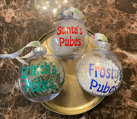 Dirty Ornaments, Funny Homemade Christmas Ornaments, Ugly Ornament Ideas, Funny Diy Ornaments Ideas, Ugly Ornaments, Diy Funny Ornaments, Christmas Ornaments Funny, Inappropriate Christmas Ornaments, Funny Diy Ornaments