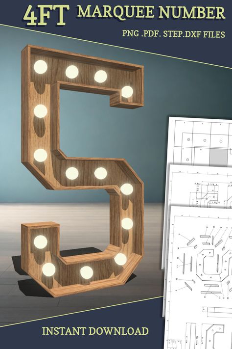 4ft DIY marquee plans, number 5. Light up number blueprints, mosaic files, svg, dxf, step and more. Large Marquee Numbers, Marquee Numbers, Light Up Letter, Build Plans, Light Up Letters, Construction Plan, Marquee Letters, Letter G, Letter S