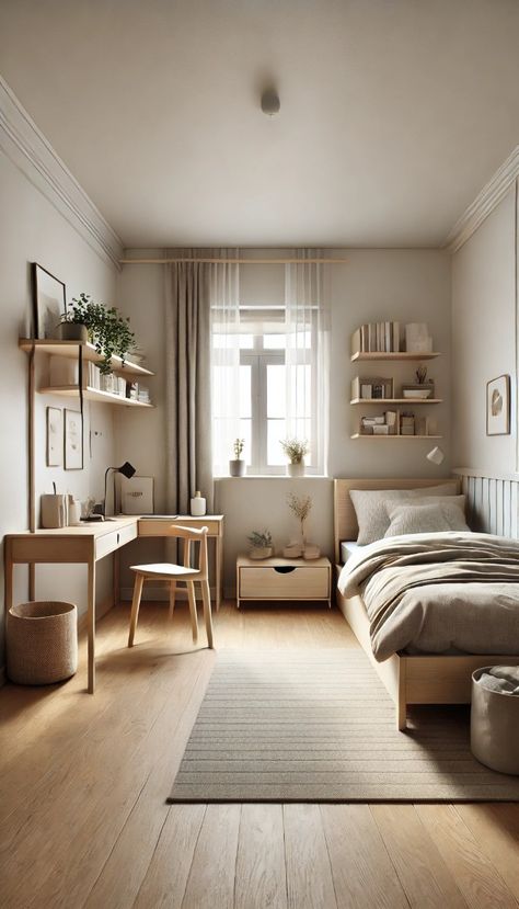 Transform your small bedroom into a cozy retreat with minimalist decor. Use space-saving furniture like under-bed storage, floating shelves, and compact desks to keep the room organized without sacrificing style. #SmallBedroomIdeas #MinimalistDecor #SpaceSavingHacks #CozyBedrooms #HomeDecorInspiration #TinySpaceDecor #BedroomInspo #OrganizedLiving Antique Minimalist Bedroom, Small Bedroom With Desk Ideas, Small Clean Room, Bed In The Closet, Smallest Bedroom Ideas, Small Nyc Apartment Bedroom, Cozy Minimalist Bedroom Small Spaces, Compact Bedroom Design, Japanese Style Bedroom Small Spaces