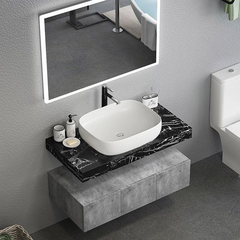 Modern 48" Floating Bathroom Vanity Set Wall Mount Vessel Single Sink Vanity with Drawers Black Marble White Vessel Sink, Floating Sink, Floating Bathroom Vanities, Washbasin Design, Modern Bathroom Sink, Wall Mounted Sink, Floating Bathroom Vanity, Single Sink Vanity, Double Sink Vanity