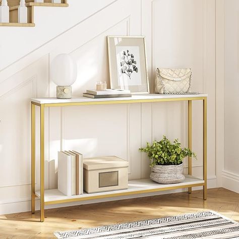 HOOBRO Console Table, Narrow Long Entryway Table, 2-Tier Sofa Table with Open Storage Space, Modern Industrial Hallway Table, for Living Room, Corridor, Foyer, Entrance, White and Gold DW20XG01G1 Industrial Hallway Table, Narrow Foyer, Long Entryway Table, Long Entryway, Industrial Hallway, Gold Table Decor, Foyer Entrance, Narrow Console Table, Foyer Table