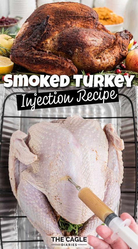 A smoked turkey injection recipe that is super simple to make but will give you the most amazing, tender, juicy turkey you ever ate. Use this recipe for your next smoked turkey recipe, or Thanksgiving Turkey. Best Turkey Injection Recipe, Turkey Injection Marinade, Smoked Turkey Brine, Turkey Injection, Juiciest Turkey, Turkey Marinade, Injecting Turkey Recipes, Turkey Seasoning, Deep Fried Turkey