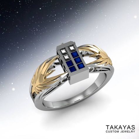 This custom Doctor Who Tardis ring has us feeling all wibbly wobbly. Tardis Ring, Doctor Who Ring, Doctor Who Wedding, Geeky Jewellery, Doctor Who Tardis, Geek Jewelry, Nerd Love, Geek Life, Battlestar Galactica