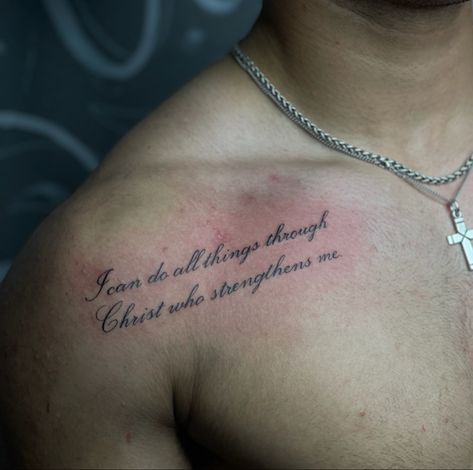 Men Bible Verse Tattoos, God Who Strengthens Me Tattoo, Bible Verse Bicep Tattoo, Bible Verse Tattoo Men, Mens Quote Tattoos, Bible Verse Chest Tattoo Men, Chest Bible Verse Tattoo Men, Bible Verse Tattoos For Men Shoulder, Shoulder Tattoo Men Bible Verse