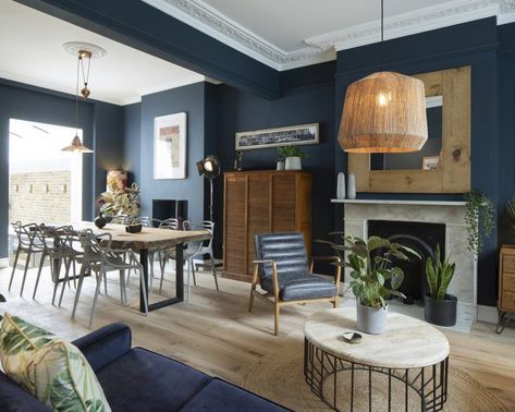 Victorian Terrace Interior, Mid Terrace House, Lounge Diner, Terrace Interior, Victorian House Interiors, London Living Room, Navy Living Rooms, Bedroom Victorian, Victorian Terrace House