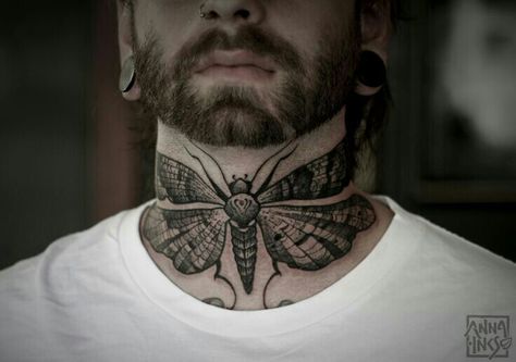 Moth on neck See Tattoo, Throat Tattoo, Insect Tattoo, Neck Tattoo For Guys, Moth Tattoo, Tattoo Desings, Aesthetic Tattoo, Grey Tattoo, Skin Art