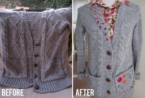 DIY Embroidered Cardigan – Let's Get Thrifty Embellished Sweater Diy, Old Sweater Crafts, Cardigan Diy, Cardigan Embroidery, Embellished Sweater, Embellished Cardigan, Embroidery Diy, Embroidery Sweater, Mom Sweater