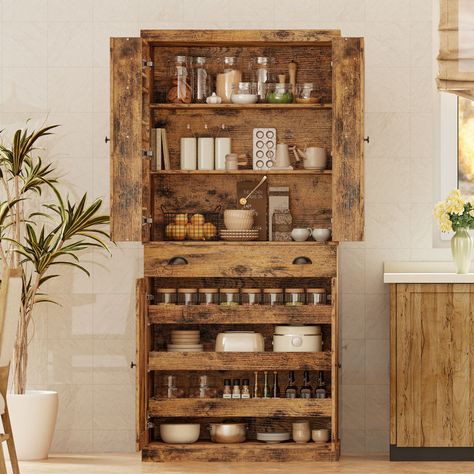 Ebern Designs Kitchen Pantry Cabinet With Sliding Storage Rack And 6 Hanging Shelves | Wayfair Seasoning Storage Ideas, Unfitted Kitchen French, Herb Storage Ideas, Rustic Pantry Ideas, Home Apothecary Room, Hanging Kitchen Storage, Food Pantry Cabinet, Antique Pantry, Shelving Pantry