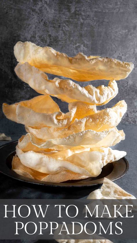 A pile of poppadoms on a plate against a grey background. Poppadoms Recipe, Indian Dips, Onion Chutney, Easy Curry, Mango Chutney, Curry Recipes Indian, Mint Sauce, Fav Food, Easy Asian Recipes