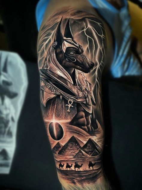 Ra And Anubis Tattoo, Ancient Egyptian Tattoo Sleeve, Horus Egyptian God Tattoo, Egyptian Pharoah Tattoo, Egyptian Mythology Tattoo, Ancient Egyptian Tattoo, Anubis Tattoo Design Ideas, Eygptain Tattoos, Pharoah Tattoo