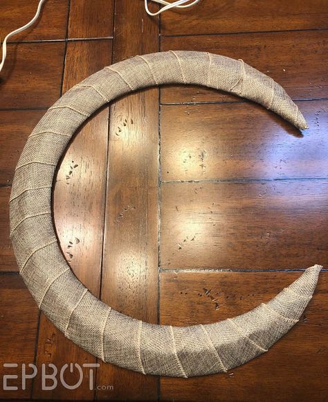 Dollar Tree Wreath Ring Ideas, Diy Moon Decor Party, Diy Moon Wreath, Fall Moon Wreath, Moon Wreath Crescent, Moon Shaped Wreath, Crescent Moon Wreath Diy Fall, Crescent Moon Wreath Diy, Dollar Tree Crescent Moon Wreath