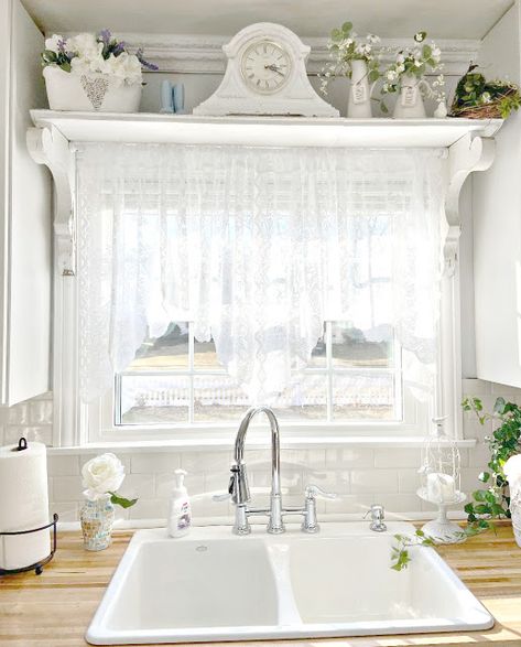 Window Sink Decor, Cottage Kitchen Window Ideas, Kitchen Window Cornice Over Sink, Over Kitchen Window Shelf, Shelving Over Kitchen Window, Above Sink Decor Window, Over The Kitchen Window Ideas, Window Over Kitchen Sink Curtain, Shelves Above Window