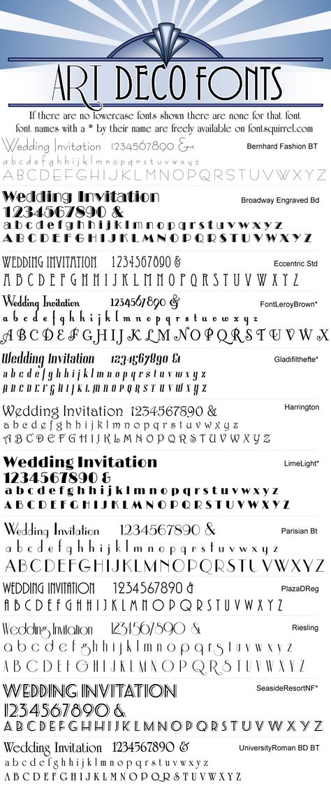 Art Deco fonts for engraving 1920s Fonts Typography, Art Deco Wedding Signage, 1930s Font, 1930s Party, Art Deco Typography, Arte Art Deco, Art Deco Fonts, Art Deco Party, Deco Wedding Invitations