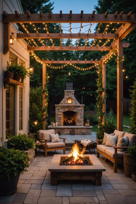 20 Super Cozy Outdoor Fireplaces For Your Backyard - Toolz Geek Outdoor Fireplace With Pergola, Gazebo Fireplace, Outdoor Reading Area, Outdoor Patio With Fireplace, Backyard Fire Pit Ideas Lounge Areas, Screened In Porch With Fireplace, Fireplace Ideas Outdoor, Backyard Fireplace Patio, Pergola Fireplace