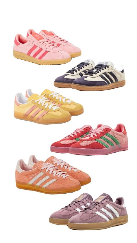 adidas, samba, gazelle, colorful, pink, purple, whites, yellow, style, fashion, trendy, girly, unisex, sneakers, sportwear Yellow Style Fashion, Adidas Gazelle White, Pink Gazelles, Samba Gazelle, Pretty Shoes Sneakers, Yellow Style, Shoe Inspo, Really Cute Outfits, Adidas Gazelle