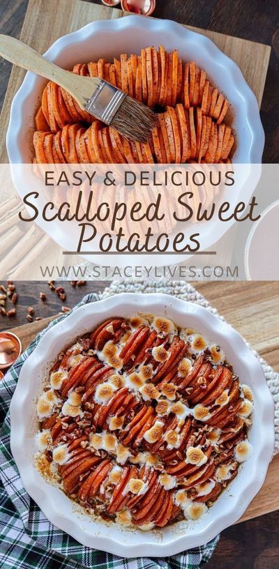 Christmas Sweet Potatoes, Yellowstone Party, Sweet Potato Stacks, Brown Sugar Sauce, Scalloped Sweet Potatoes, Sweet Potato Side Dish, Sweet Potato Gratin, Sweet Potato Sides, Sweet Potato Thanksgiving