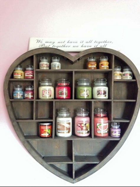 . Candle Shelf Display, Heart Shelf, Candle Organization, Candle Shelf, Candle Obsession, Easy Room Decor, Candle Displays, Shelf Display, Wall Organization