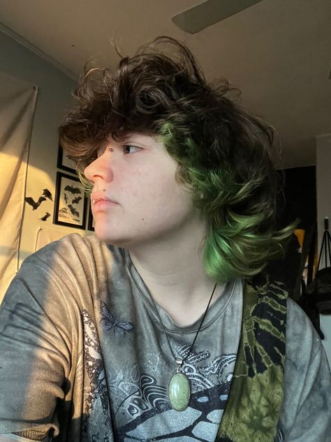 Peekaboo Hair Color Men, Men’s Dyed Hair, Mullet Dyed Hair, Partially Dyed Hair, Green And Brown Hair, Dyed Hair Green, Green Mullet, Green Hair Men, Short Green Hair