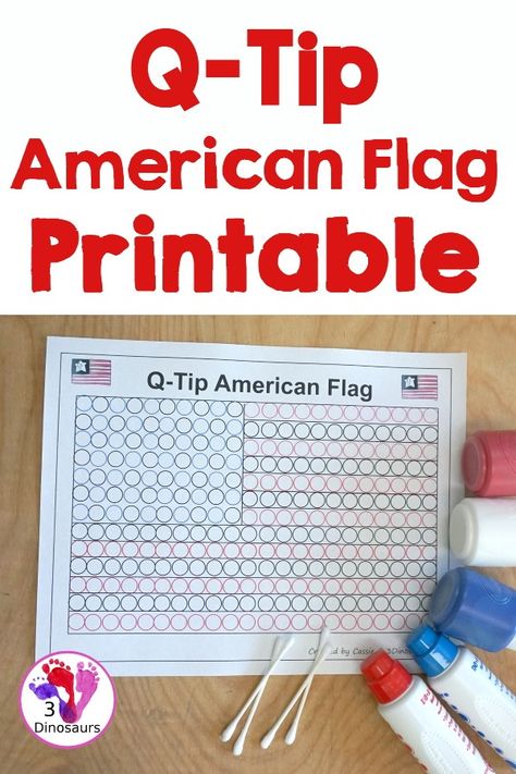 Q-Tip American Flag Painting Craft - an easy fine motor craft that kids can to do to make an American Flag. This is great for Flag Day, Memorial Day, and the Fourth of July - 3Dinosaurs.com American Flag Craft Kindergarten, Fourth Of July Fine Motor Activities, Flag Day Crafts For Preschoolers, Flag Day Crafts For Kids, American Flag Crafts Preschool, Flag Day Crafts, American Flag Crafts For Kids, American Symbols Crafts, Flag Day Activities