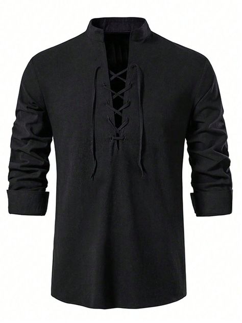 Black Casual Collar Long Sleeve Woven Fabric Plain Top Embellished Non-Stretch  Men Clothing Stand Collar Shirt, Kimono Shirt, Laced Up Shirt, Linen Shirt Men, Mens Linen, Linnet, Moda Vintage, Long Sleeve Tee Shirts, Spring Shirts