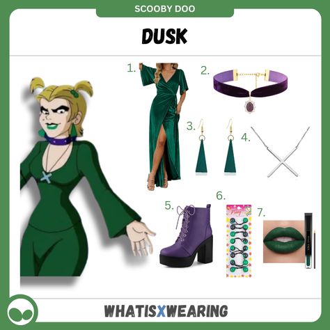 Dress like Dusk from Scooby-Doo with this cute outfit idea for women! Click for our step-by-step costume guide. Plus, discover our matching Thorn and Luna outfits... Dusk Hex Girls Costume, Thorn Hex Girl Costume, Hex Girls Costume, Scooby Costume, Daphne Halloween, Daphne Halloween Costume, Eco Goth, Scooby Doo Halloween Costumes, Scooby Doo Costumes