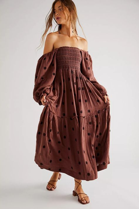 Dahlia Embroidered Maxi Dress | Free People Gaun Ruffle, Flowy Bohemian Dresses, Flowy Dress Long, Boho Floral Maxi Dress, Long Dresses Elegant, Gaun Fashion, Tiered Ruffle Dress, Embroidered Maxi Dress, Puff Long Sleeves