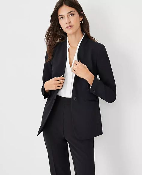 603689 Collarless Blazer Outfits For Women, Black Blazer Outfit Work Business Professional Women, Black Blazer Outfit Dressy, Tailored Suit Women, Black Suit Women, Black Suit For Women, Modern Tailoring, Black Blazer Outfit, Collarless Blazer