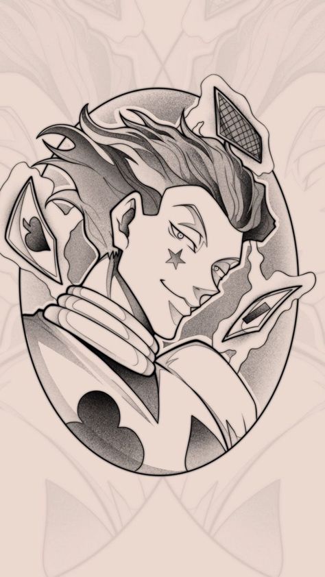 Hisoka Lineart, Anime Tattoo Black And White, Hisoka Tattoo Design, Hisoka Sketch, Hisoka Drawing, Hisoka Tattoo, Hunter X Hunter Hisoka, Hunter Tattoo, Ghibli Tattoo