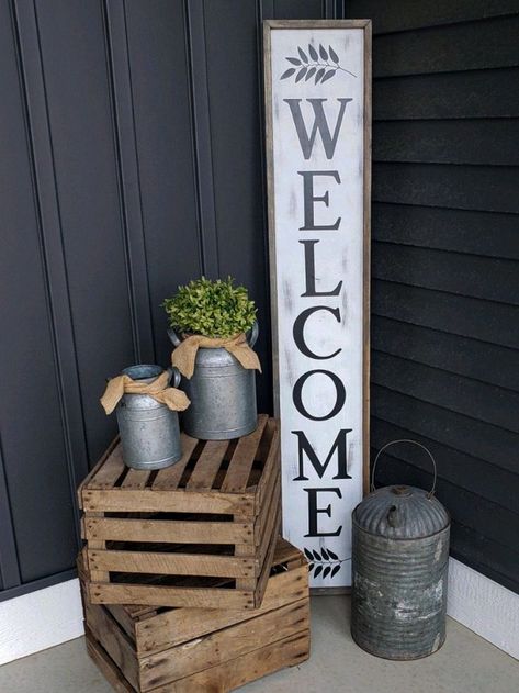 Welcome Porch Leaner, Leaner Signs, Porch Leaners, Small Porch Decorating, Front Porch Makeover, Welcome Wood Sign, House Front Porch, Front Porch Design, Porch Makeover