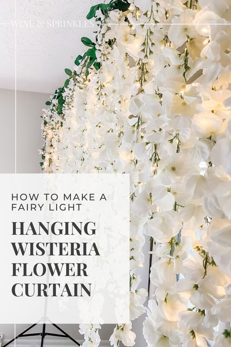 Hanging Wisteria Wedding Diy, Diy Wisteria Chandelier, How To Hang Wisteria From Ceiling, Curtain Photo Backdrop, Outdoor Fairy Garden, Hanging Wisteria, Groomsmen Favors, Fairy Lights Photos, Wisteria Wedding