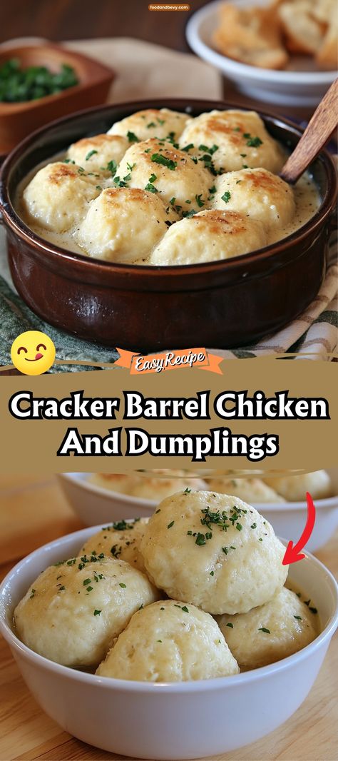 Recreate the comfort of Cracker Barrel at home with this Chicken and Dumplings recipe. Featuring soft dumplings and juicy chicken in a thick, creamy broth, this dish is a comforting, hearty meal that feels like a warm hug in a bowl. #ChickenAndDumplings #HomestyleCooking #ComfortDishes Soft Dumplings, Chicken And Dumplings Recipe With Biscuits, Old Fashioned Chicken And Dumplings, Chicken And Dumplings From Scratch, Chicken And Dumplings With Biscuits, Cracker Barrel Chicken And Dumplings, Easy Chicken Dumpling Recipes, Dumplin Recipe, Creamy Chicken And Dumplings